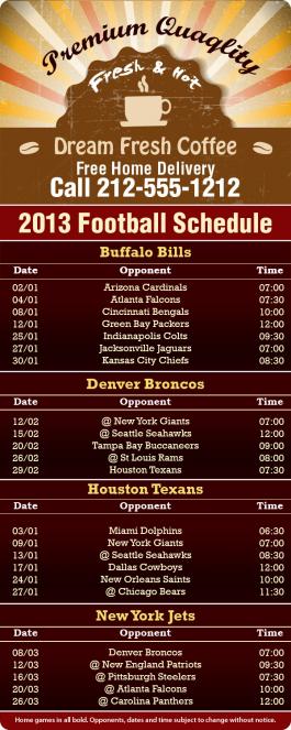 4x10 in Custom Printed Four Team Football Schedule Coffee Shop Round Corner Full Color Magnets 20 mil